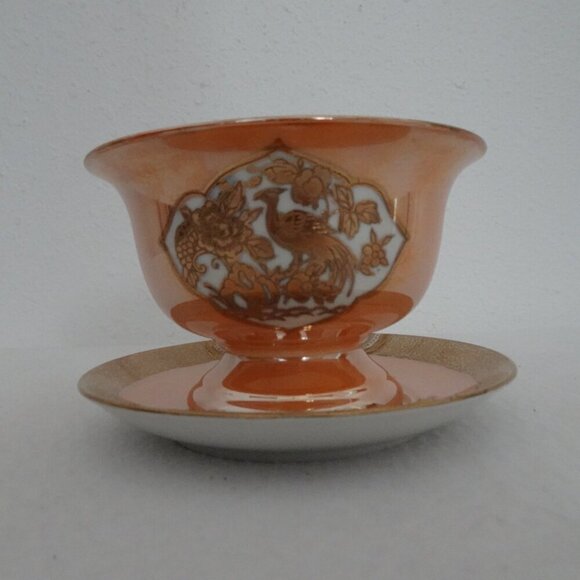 Noritake Orange Lusterware Mayo Condiment Footed Bowl Underplate Peasant Bird - Picture 11 of 11